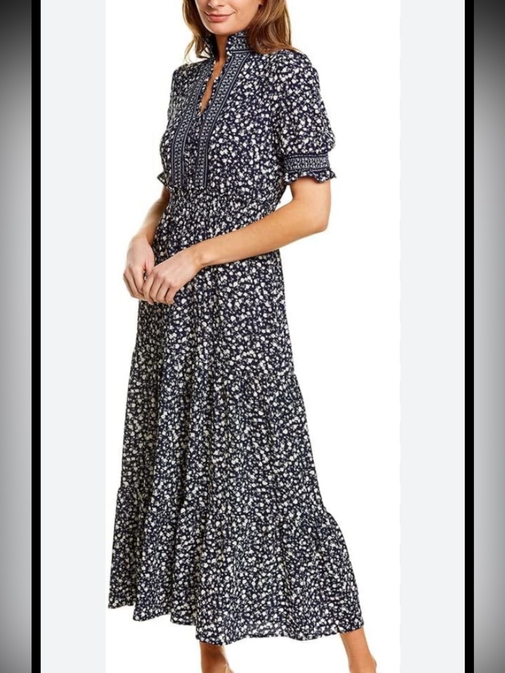 London Style Collection Prairie Maxi Dress Blue Floral Tiered Ruffles Womens 10